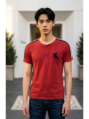 Vintage Y2K Red Express Men's Lion Logo Striped Shoulder Henley sz Medium
